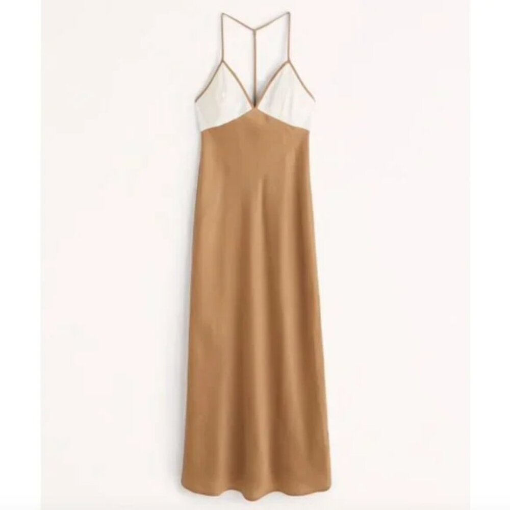 Abercrombie & Fitch Two-Tone Satin Midi Slip Dress in Cream and Camel